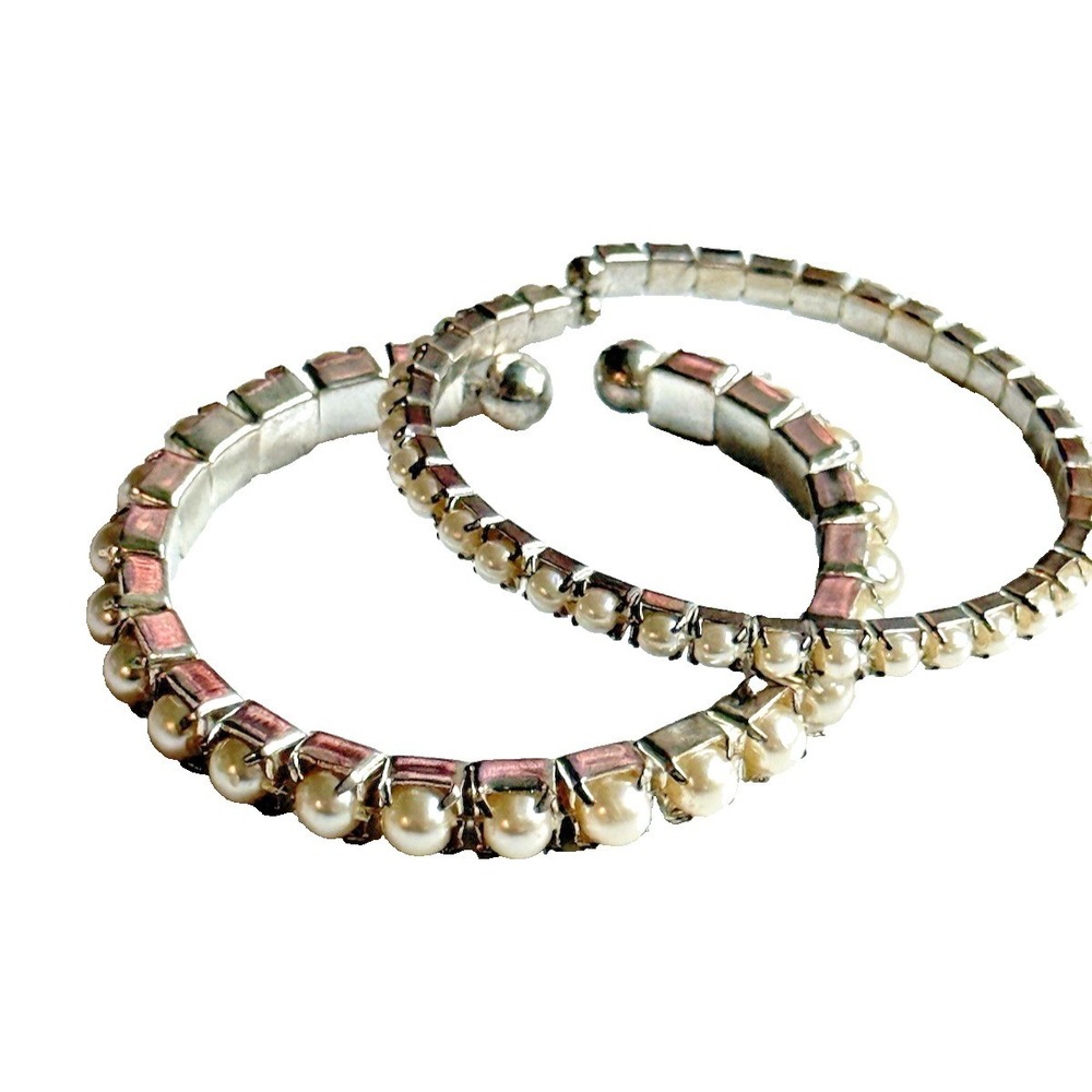Vintage Style Faux Pearl Open Cuff Bracelet Set Silver Tone Bridal Glam